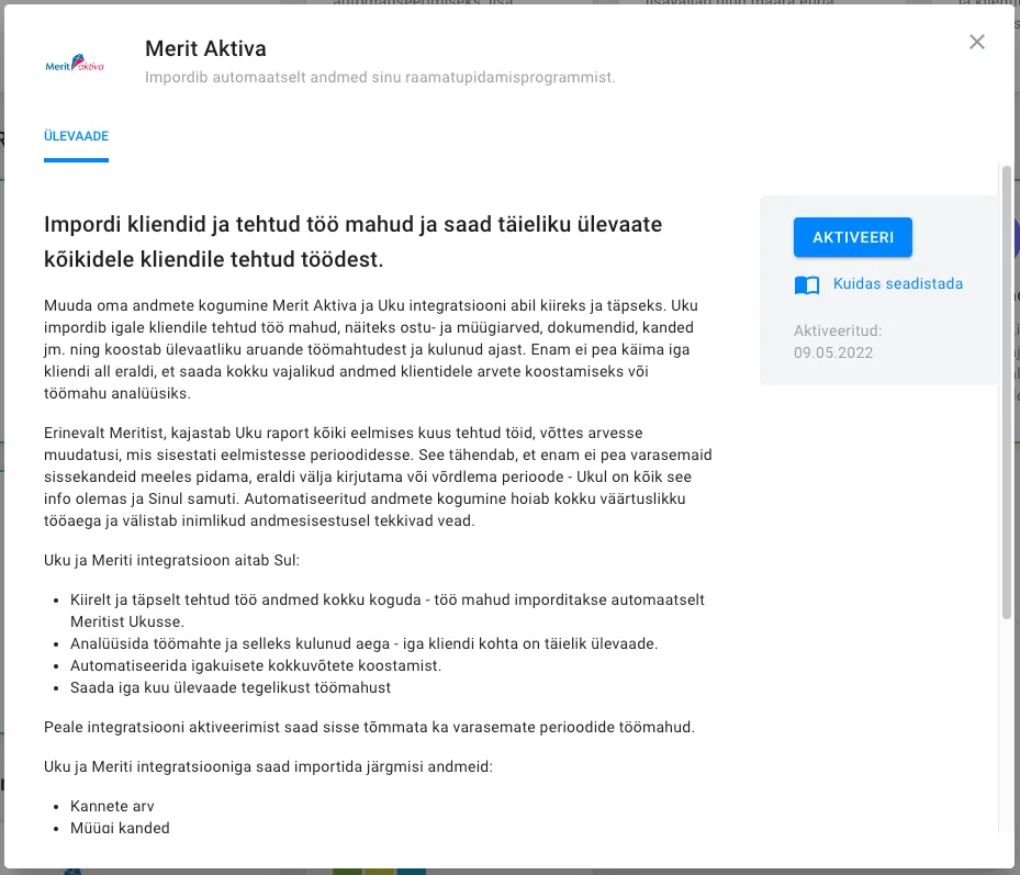 Merit Aktiva integratsiooni aktiveerimine Uku seadetes