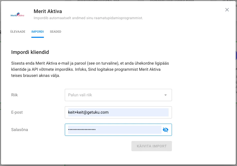 Merit Aktiva sisselogimise aken klientide importimiseks