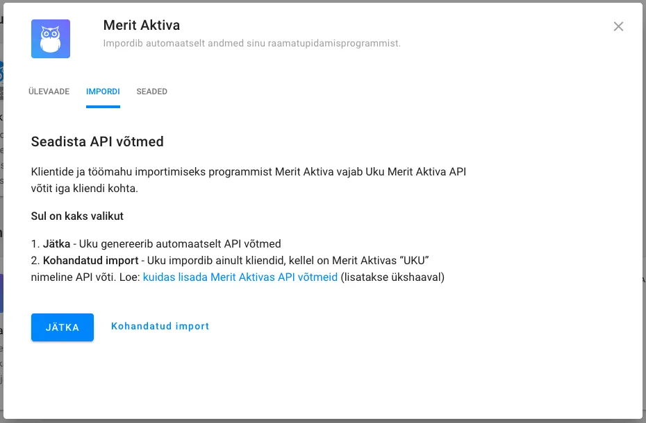 Merit Aktiva API võtmete seadistamise valikud