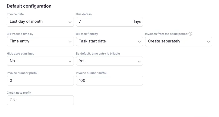 Default invoice configuration settings
