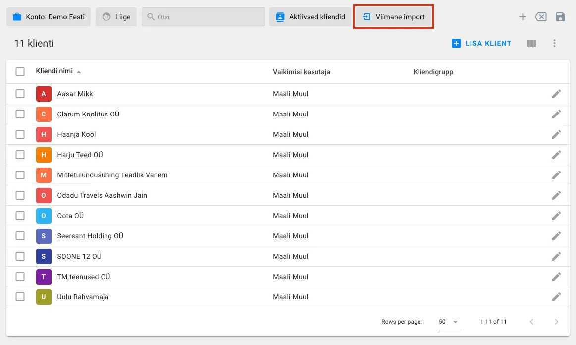 Imporditud klientide nimekiri koos filtriga