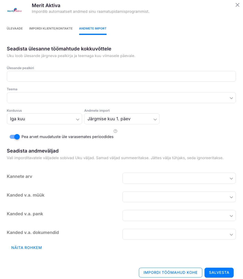 Merit Aktiva kuu kokkuvõtte seadistamise vaade