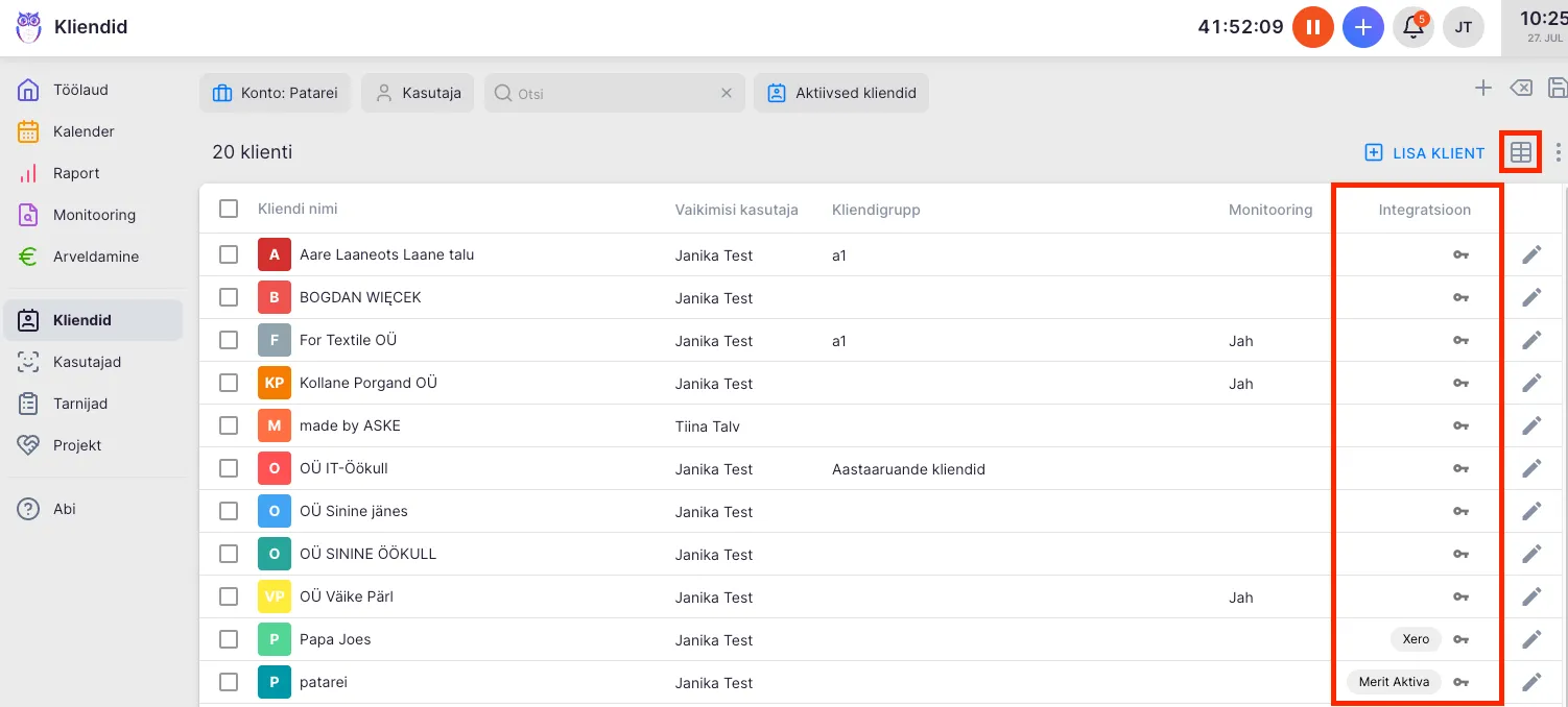 Kliendinimekirjas integratsiooni tulba kuvamine