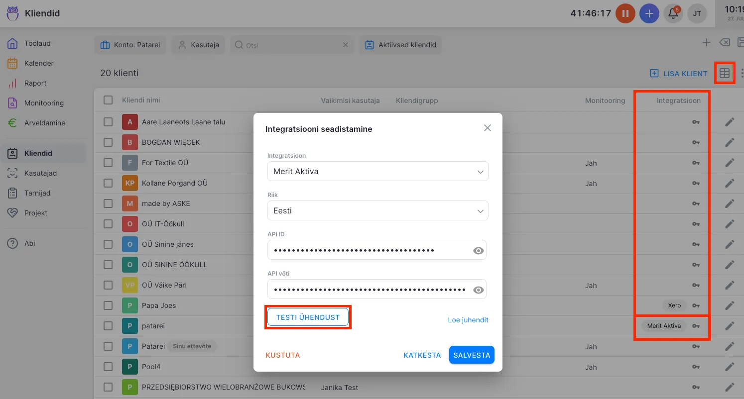 Merit Aktiva ühenduse testimise valik
