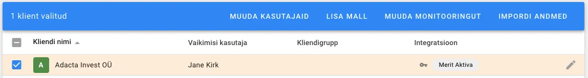 Integratsiooni ikoon kliendinimekirjas