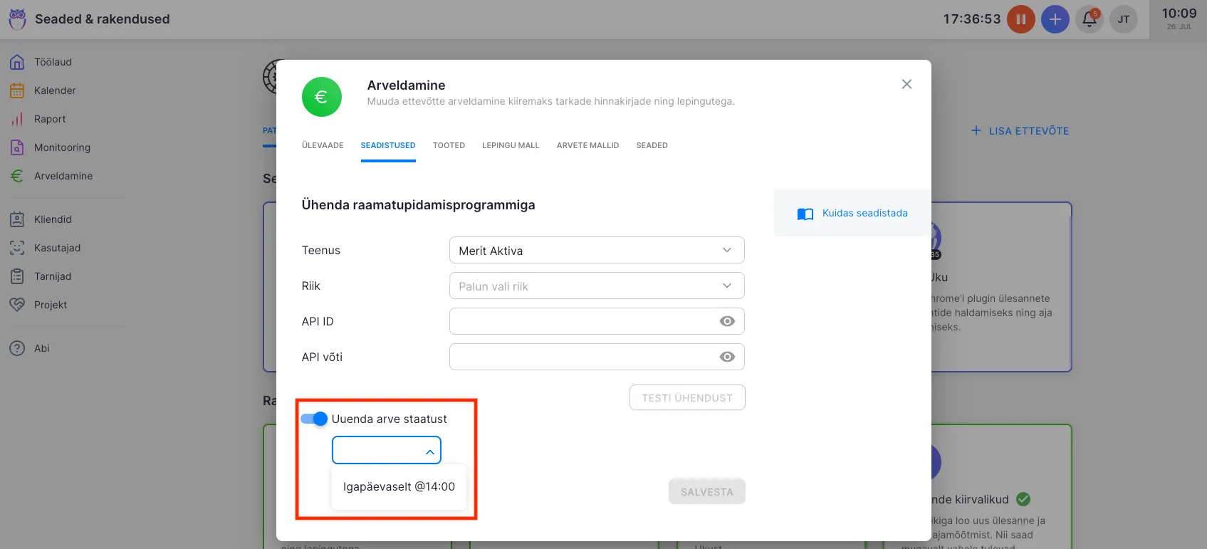 Merit arveldamise seadistamise vaade