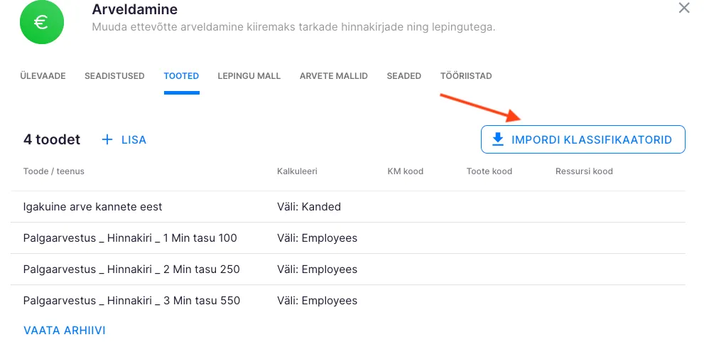 Klassifikaatorite importimise nupp Tooted vahekaardil